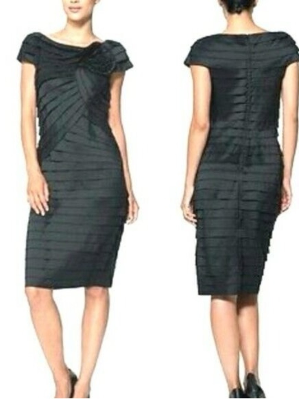 Tadashi Shoji Rosette Shutter Pleat Sheath Cocktail Dress Black Size 14